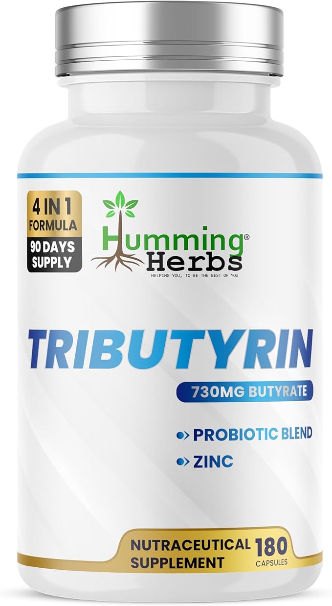Humming Herbs Tributyrin Complex — 850 mg per Serving (95% Pure, yielding 731 mg Butyrate) with L-Glutamine, Zinc L-Carnosine, FOS & Probiotic Blend (180)
