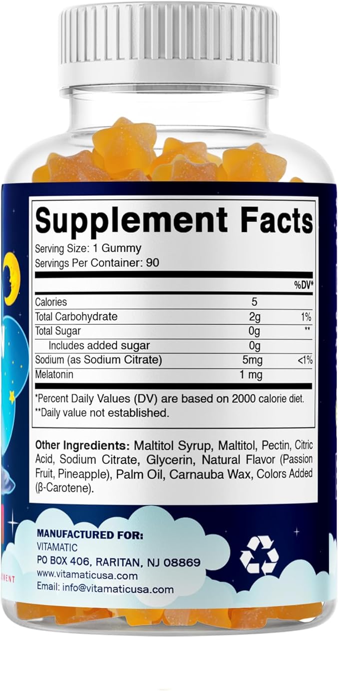 Vitamatic Sugar Free Kids Melatonin 1mg, 90 Gummies, Pineapple & passionfruit Flavored Gummies, 90 Days Supply (Pack of 2)