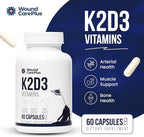 Wound Care Plus Vitamin K2 + D3 Supplement – Helps Maintain Healthy Bones, – Essential Vitamins for Cardiovascular & Skin Wellness – 60 Capsules – Non-GMO, Gluten-Free