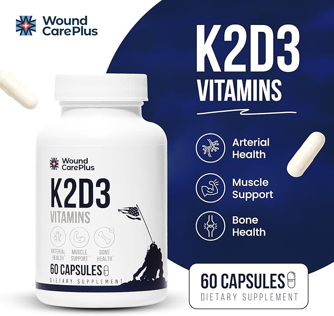 Wound Care Plus Vitamin K2 + D3 Supplement – Helps Maintain Healthy Bones, – Essential Vitamins for Cardiovascular & Skin Wellness – 60 Capsules – Non-GMO, Gluten-Free