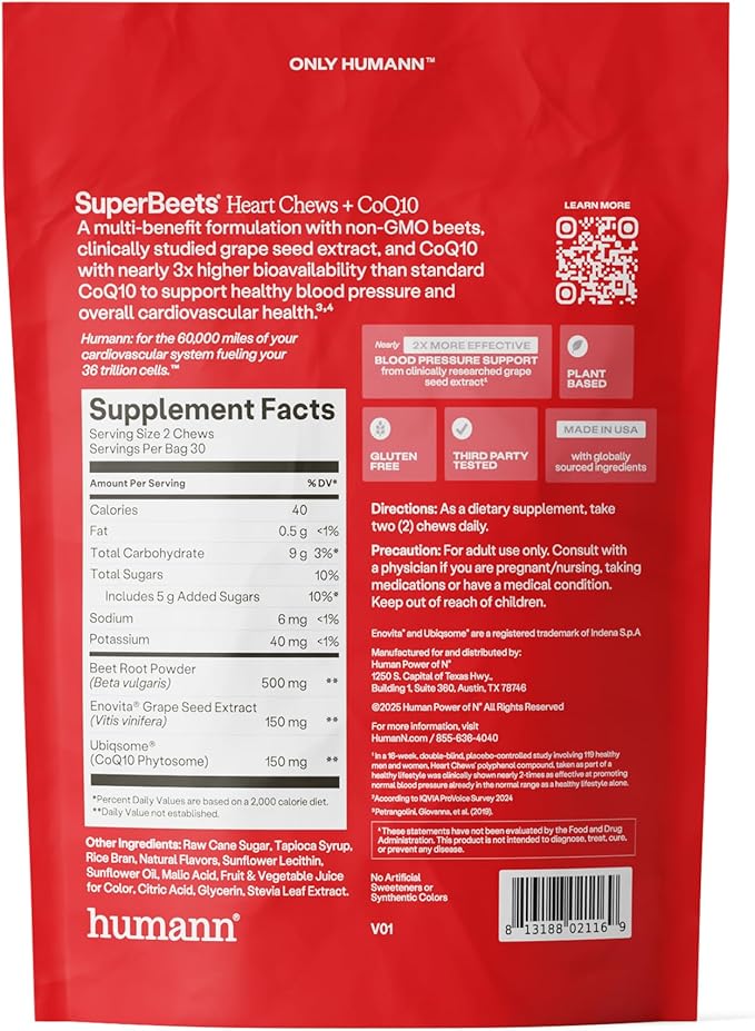Humann SuperBeets Heart Chews + CoQ10-150mg of CoQ10 Plus Beetroot & Grape Seed Extract, Blood Pressure Support, Support Healthy Blood Flow, Circulation, 60 Count