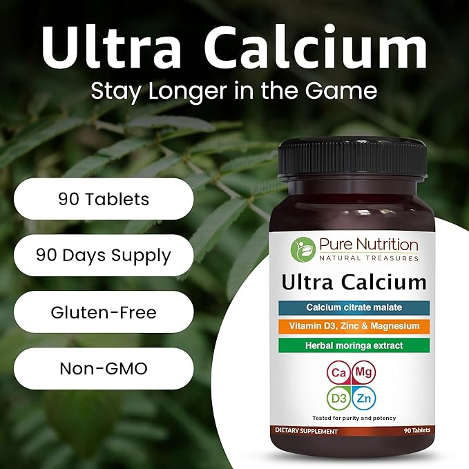 Pure Nutrition Ultra Calcium 1000mg with VIT D3 + K | 180 Tabs (90 X Pack of 2) | Calcium Supplement with Calcium Citrate Malate, VIT D3, K, Moringa Oleifera, Magnesium and Zinc.