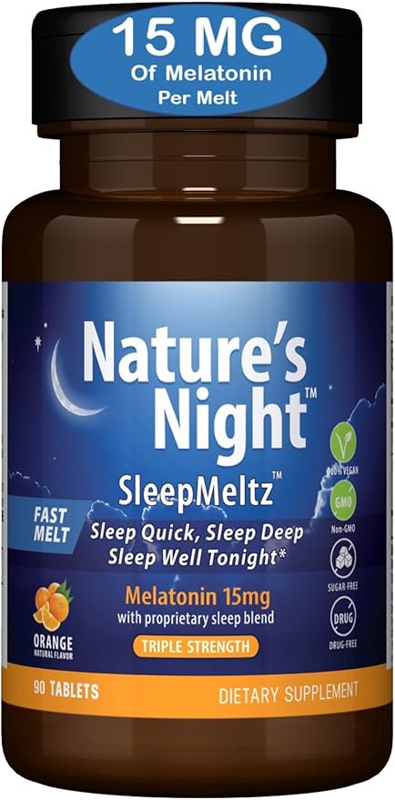 Zero Brands Nature's Night Triple Strength Quick Dissolve Melatonin 15mg with Supportive Blend | Natural Orange Flavor | 90 Count | Sugar Free, Vegan, Non-GMO, Drug Free
