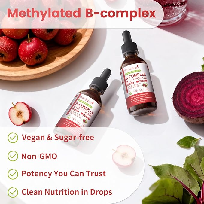 Methylated B Complex - 5000 mcg Methylcobalamin B12 & 5-MTHF Folate 1000 mcg - Vitamin B Complex Liquid Drops with B3, B6, Beetroot, Hawthorn - Energy, Focus, Heart & Brain, Sugar-Free, 2 Fl Oz