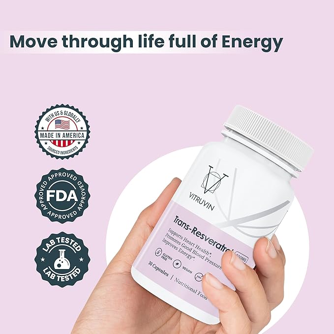 VITRUVIN Trans-Resveratrol Supplement 500mg, 3 Bottles Pack, Vegan, Non-GMO, Gluten-Free, Gelatin-Free.
