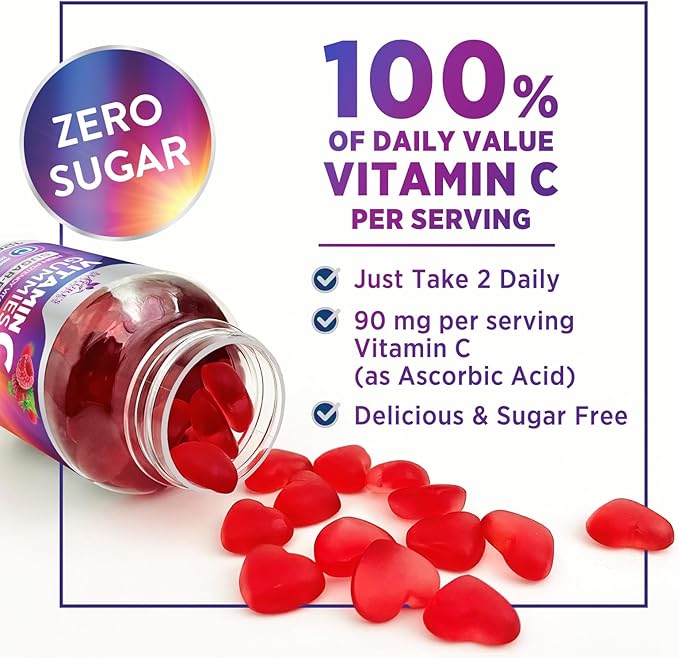 Vitamin C Gummies - 100% of Daily Vitamin C & Sugar Free - Immune Support with Powerful Antioxidants - Nature's Vegan VitaminC Dietary Supplement - Raspberry Flavor for Kids & Adults - 60 Gummies