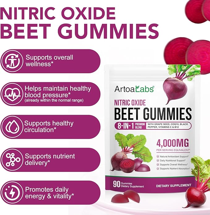 Beets Gummies, Blood Pressure Support, 180 Beet Chews Liposomal Beet Powder for Superior Absorption, Grape Seed for Nitric Oxide, Circulation & Heart Health, Vegan, Non-GMO