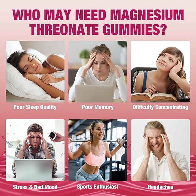 Magnesium L-Threonate Gummies 1000mg, Sugar-Free Magnesium Threonate Supplement for Kids & Adults, Nervous & Muscle System Support, Non-GMO, Raspberry Flavor, 60 Count