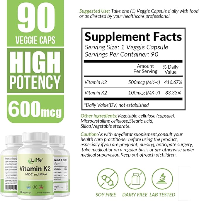 LIIFE Vitamin K2 600mcg Supplement with MK-7 100mcg & MK-4 500mcg,90 Vegetable Capsules for Bone & Cardiovascular Health | Non-GMO & Gluten Free