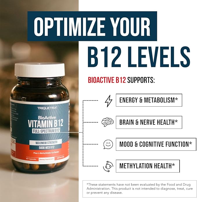 BioActive Vitamin B12 - 5000 mcg, Contains 3 BioActive Forms B12 Plus Methylfolate Cofactor - Methyl B12, Adenosyl B12 & Hydroxy B12 | Supports Energy, Metabolism & Mood | Vegan, Non-GMO (60 Servings)