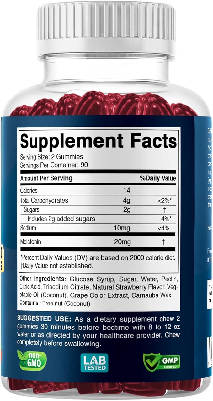 Vitabod Melatonin 20mg Gummies - 180 Count - Drug Free - Natural Strawberry Flavor - Vegetarian, Non-GMO, Gluten Free (1 Bottles)