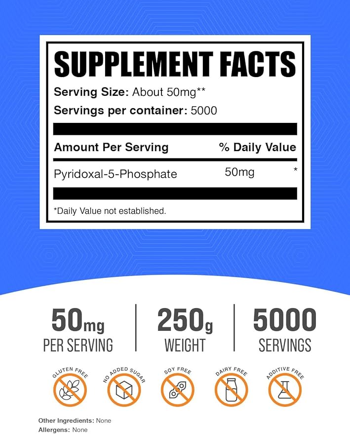 BulkSupplements.com Pyridoxal 5 Phosphate Powder - P-5-P Vitamin B6 Supplement, P-5-P 50mg - P5P Supplement, Gluten Free, 50mg of per Serving, 250g (8.8 oz) (Pack of 1)