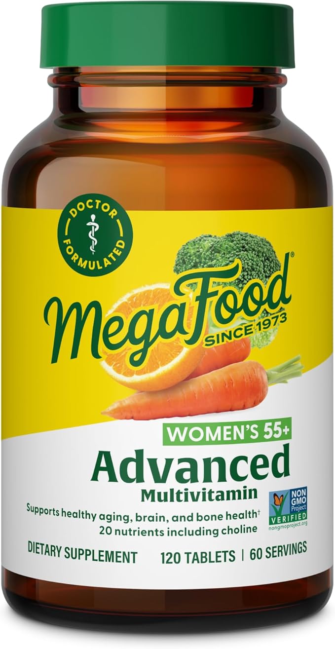 MegaFood Advanced Multivitamin for Women 55+, Womens Multivitamin, Methylated B12, Methyl folate, Choline, Vitamin D3, Biotin, Healthy Aging, Brain & Bone Health, Vegetarian, 120 Tablets (60 Servings)