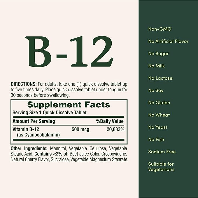 Nature's Bounty Vitamin B12, Supports Energy Metabolism and Nervous System Health, 500mcg, 100 Quick Dissolve Tablets