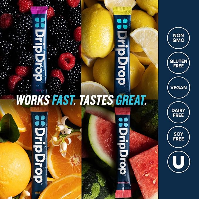DripDrop Hydration Packets - Bold Variety Pack - Single Serve Electrolytes Powder Drink Mix - Watermelon, Berry, Lemon, Orange - Non-GMO, Gluten Free, Vegan - 32 Sticks