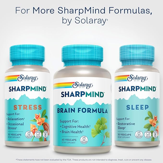 SOLARAY SharpMind Brain Support Formula - Nootropic Brain Supplements - Cognitive and Brain Health Support with Ginkgo Biloba - 60-Day Guarantee, 60 Servings, 60 VegCaps