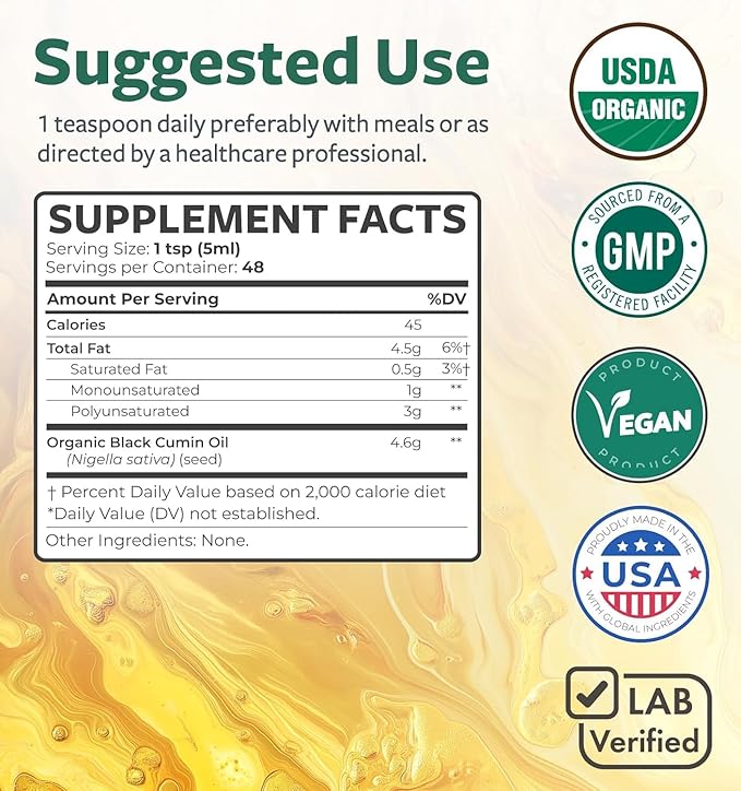 USDA Organic Black Cumin Seed Oil Liquid (8 fl oz) Premium Cold-Pressed Nigella Sativa Producing Pure - Antioxidant Supplement - Vegan, Gluten-Free, & Non-GMO (No Pills or Capsules)