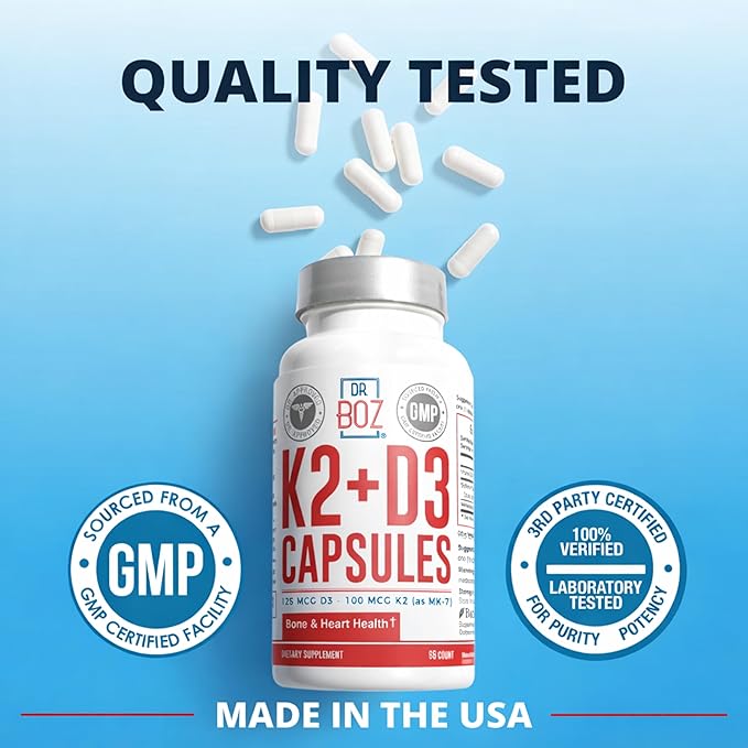 Dr. Boz - K2+D3 Capsules, 66 Servings - Vitamin D3 K2 Supplement with BioPerine - Bone & Heart Health - Enhanced Absorption - Quality Tested - Made in The USA - 5000iu (D3) - 400iu (K2) - Self Care