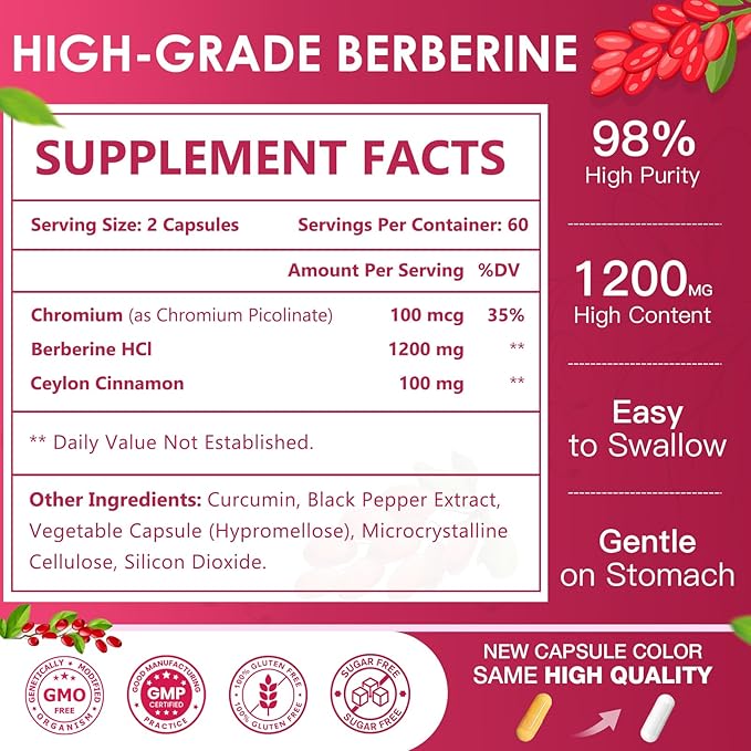 NATURE TARGET Berberine HCl 1200mg, Berberine Supplement with Ceylon Cinnamon, Chromium - Supports Immune, Gastrointestinal & Digestive Health, Non-GMO, 120 Capsules
