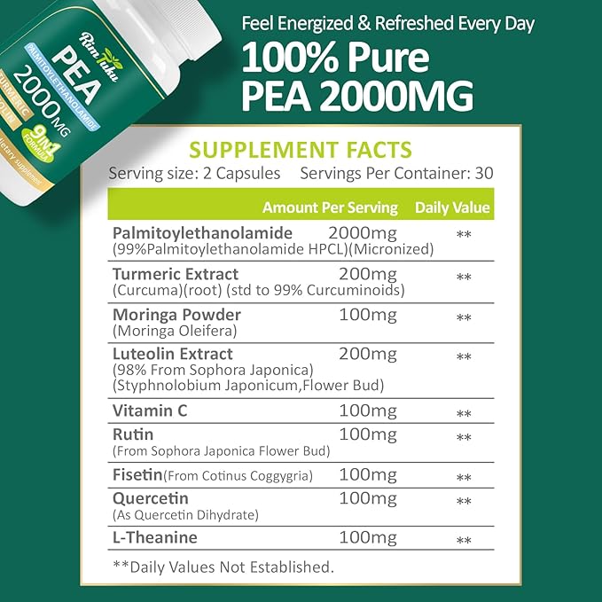 Liposomal Palmitoylethanolamide 2000MG + Luteolin 200MG + Turmeric 200MG & Fisetin 100MG, Micronized Pea 99% Highly Purified Enhanced Absorption Pea Supplement, 180 Capsules