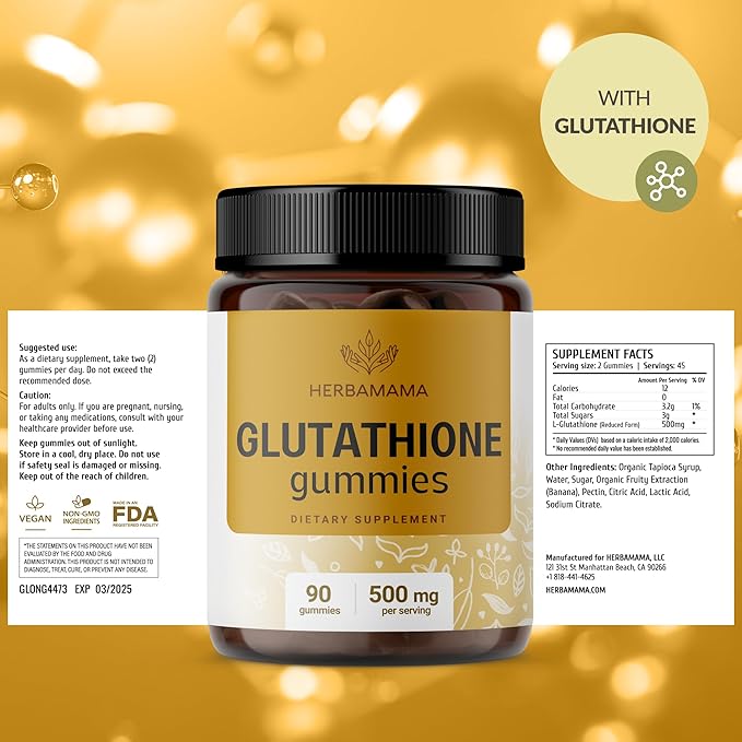 HERBAMAMA Reduced Glutathione Gummies - 500mg L-Glutathione for Liver Cleanse Support - Vegan, Non-GMO Liver Supplement - 90 Pectin-Based Banana-Flavored Chews.