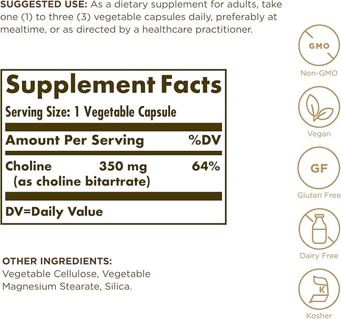 Solgar Choline 350 mg - 100 Vegetable Capsules, Pack of 2 - Non-GMO, Vegan, Kosher - 200 Total Servings