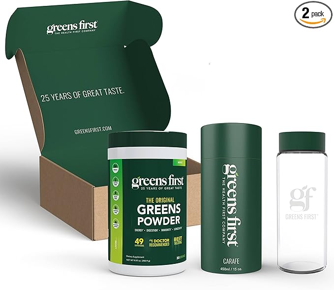 Greens First Gift Set - Limited Edition Glass Carafe & Organic Greens Powder - 49 Superfoods - Prebiotics, Probiotics & Digestive Enzymes - Dairy Free, Vegan & Non-GMO - Mint - 30 Servings