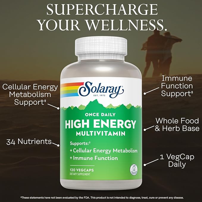 SOLARAY Once Daily High Energy Multivitamin for Women and Men – with Vitamin C, Vitamin D and Whole Food & Herb Base - Cellular Energy Metabolism & Immune Function Support – 120 Servings, 120 VegCap