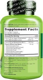 NATURELO Vitamin D3 K2 - Vegan with Plant Based D3 from Lichen - Natural Supplement for Immune System, Bone Support, Heart Health - Whole Food - Non-GMO - Gluten Free, 60 Capsules