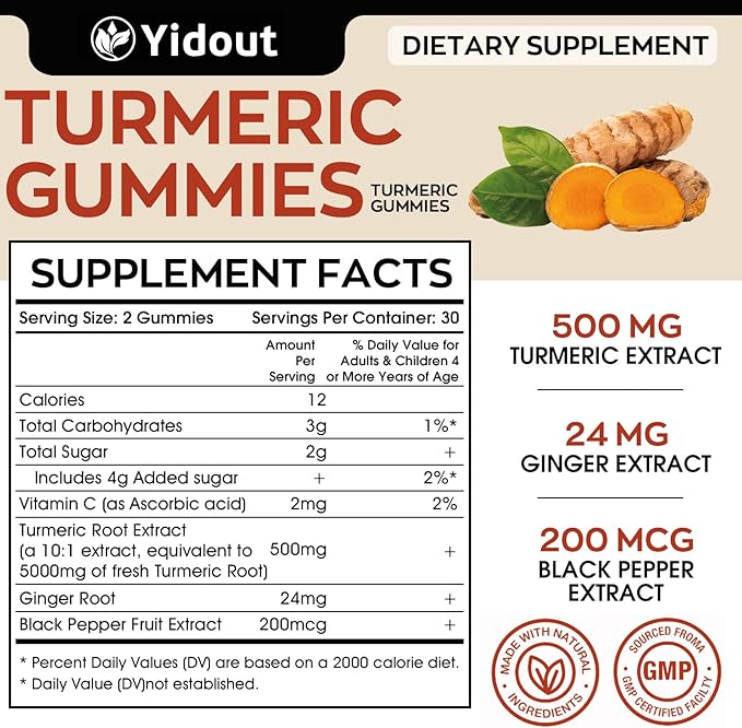 Turmeric Curcumin Gummies, Gummy with 500mg Turmeric Curcumin and Ginger with Black Pepper Extract for High Absorption,Mango Flavor (60 Count（Pack of 2）)