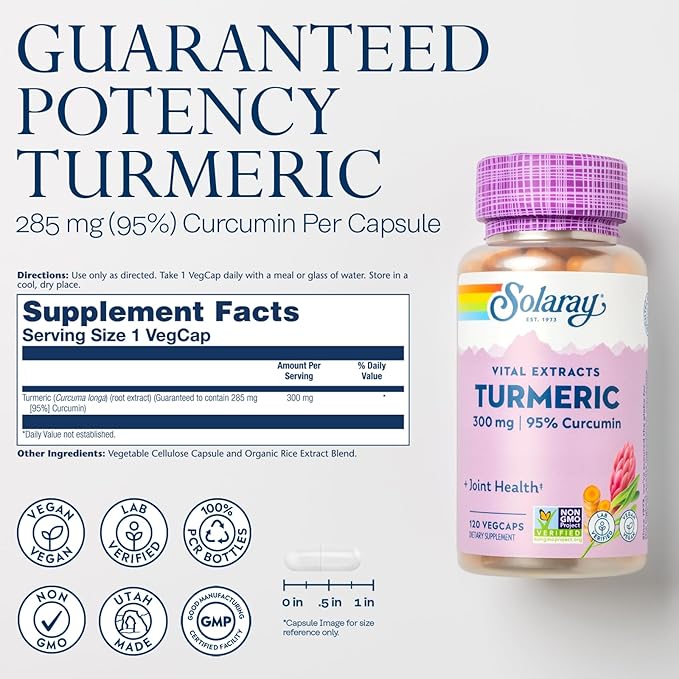 SOLARAY Turmeric Supplement 300 mg - Turmeric Root Extract with 95% Curcumin - Joint Support Supplement for Joint Health and Comfort - Non-GMO, Vegan, Gluten Free, 60-Day Guarantee, 120 Servings