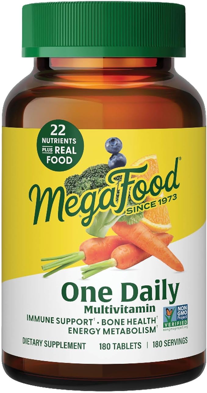 MegaFood One Daily Multivitamin for Women and Men, Immune Support Supplement with Real Food, Vitamin C & Vitamin B, Bone Health, Cellular Energy Metabolism, Vegetarian, Non-GMO, 180 Tablets