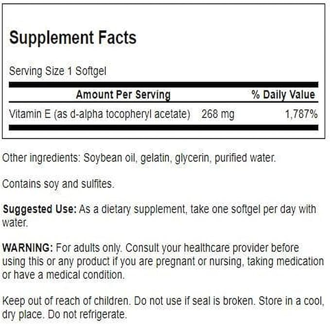 Swanson Natural Vitamin E 400 IU - Dietary Supplement for Daily Antioxidant Support - Can Support Immune System - Essential Nutrient and Vitamin Supplement (268 mg, 100 Softgels)