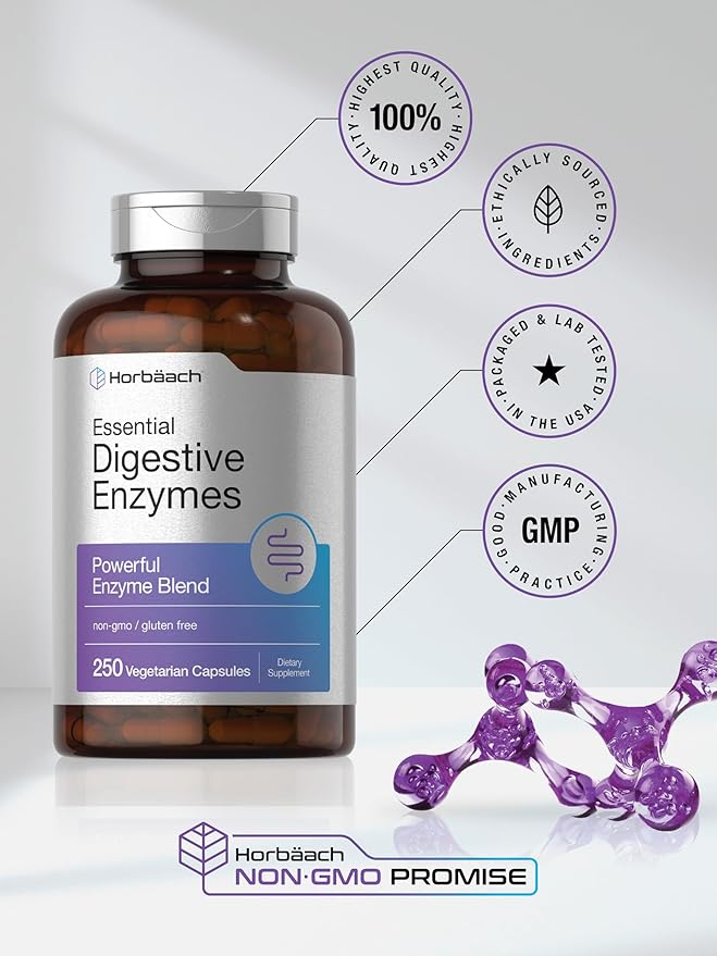 Horbäach Essential Digestive Enzymes | 250 Capsules | Powerful Enzyme Blend for Men & Women | Non-GMO & Gluten Free Supplement