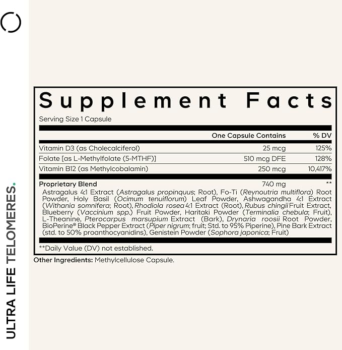 Codeage Ultra Life Telomeres Supplement - 5 MTHF Folate Vitamin B9, Vitamin B12 Methylcobalamin, Vitamin D3, L-Theanine, Ashwagandha - 3-Month Supply - DNA, Methylation Cycle - Non-GMO - 90 Capsules