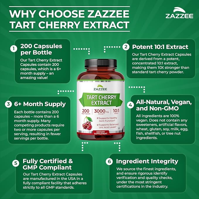 Zazzee Tart Cherry 10:1 Extract, 200 Vegan Capsules, 6+ Month Supply, Montmorency Cherry, Certified Kosher, Joint & Uric Acid Support, Antioxidant Support Formula, Non-GMO, Made in the USA