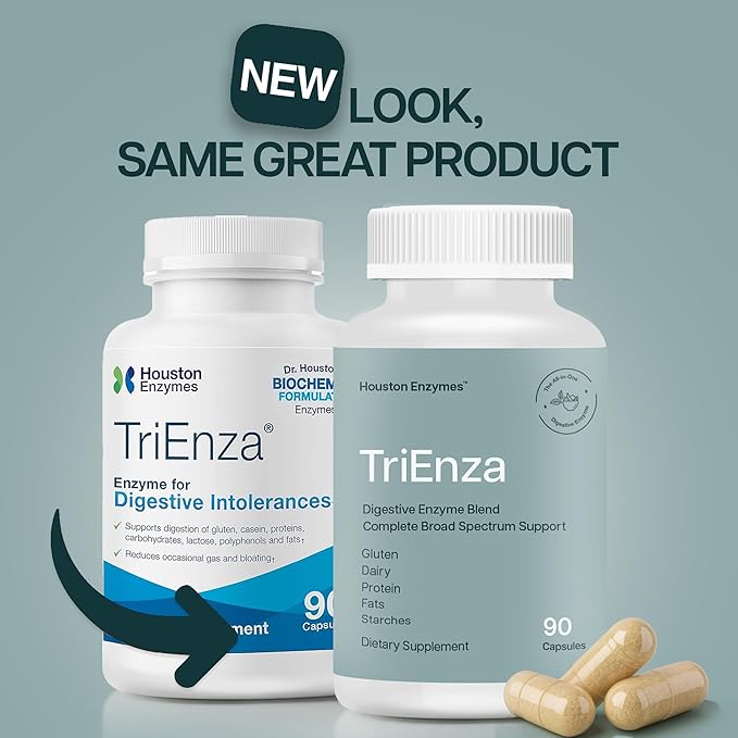 Houston Enzymes TriEnza Digestive Enzymes for Women & Men, Digestive Enzyme Supplements for Proteins, Carbs, Fats & Polyphenols Help Break Down Wheat, Dairy, Soy, 180 Capsules (90 Doses)