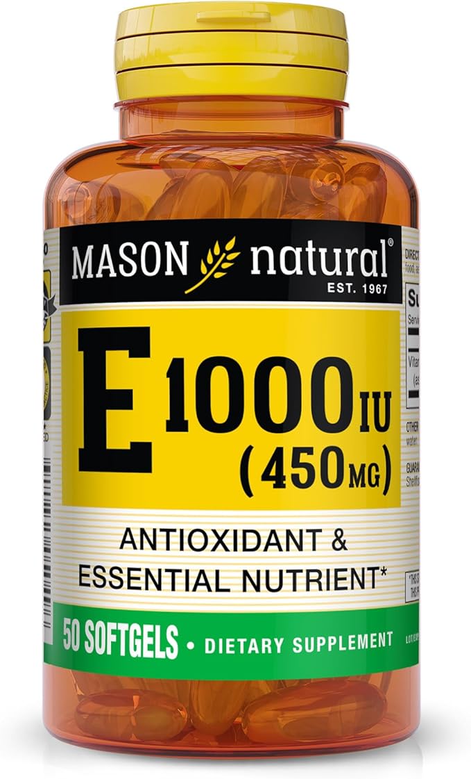 MASON NATURAL Vitamin E, 450 mg (1,000 IU), Daily Dietary Supplement with Essential Nutrient for Overall Wellness, 50 Softgels (Pack of 1)
