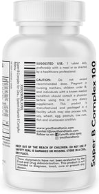Youth & Tonic Super B Complex B-100 with Choline, Inositol & PABA – High Potency B1, B2, B3, B5, B6, Biotin & B12 – Energy, Mental Clarity, Stress & Nervous System Support – 1-Month Supply
