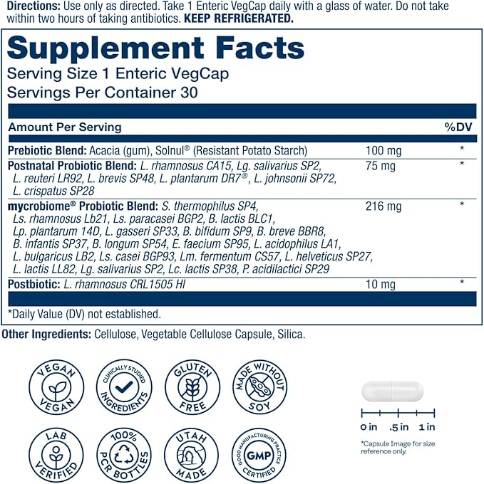 SOLARAY Mycrobiome Complete Probiotic Postnatal - Pre and Probiotics for Women and Men Plus Postbiotic - 50 Billion CFU, 23 Strains - Vegan, Clinically Studied Ingredients - 30 Servings, 30 VegCaps