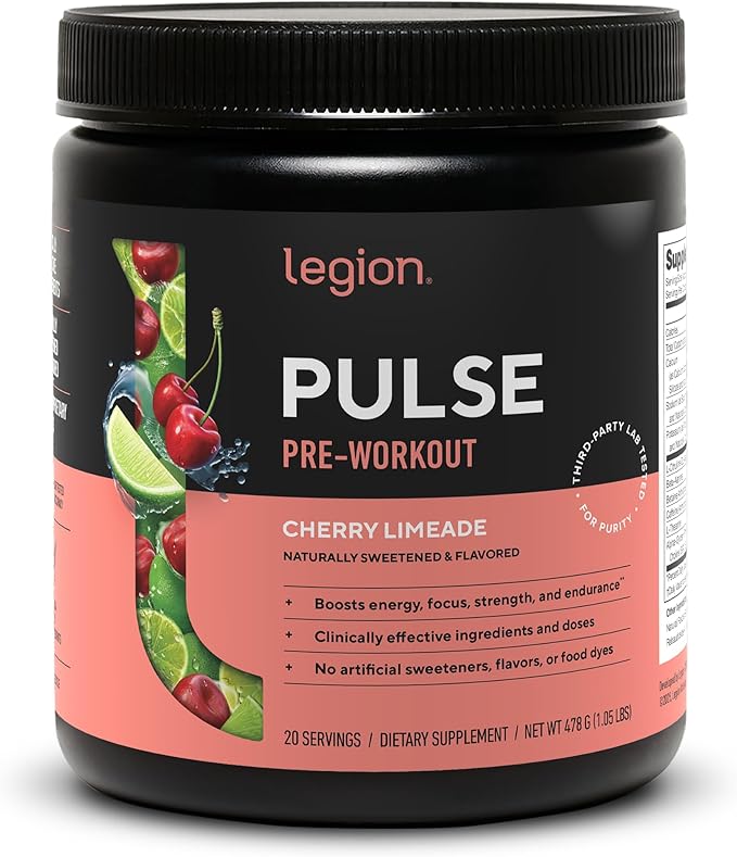 LEGION Pulse Pre Workout - All Natural Nitric Oxide Preworkout Drink to Boost Energy, Creatine Free, Naturally Sweetened, Beta Alanine, Citrulline, Alpha GPC (Cherry Limeade)