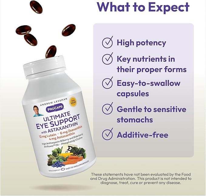 ANDREW LESSMAN Ultimate Eye Support with Astaxanthin 60 Softgels - 12mg Lutein, 6mg Zeaxanthin, 4mg Astaxanthin, Bilberry. Key Nutrients to Support Eye Health, Promote Healthy Vision. No Additives