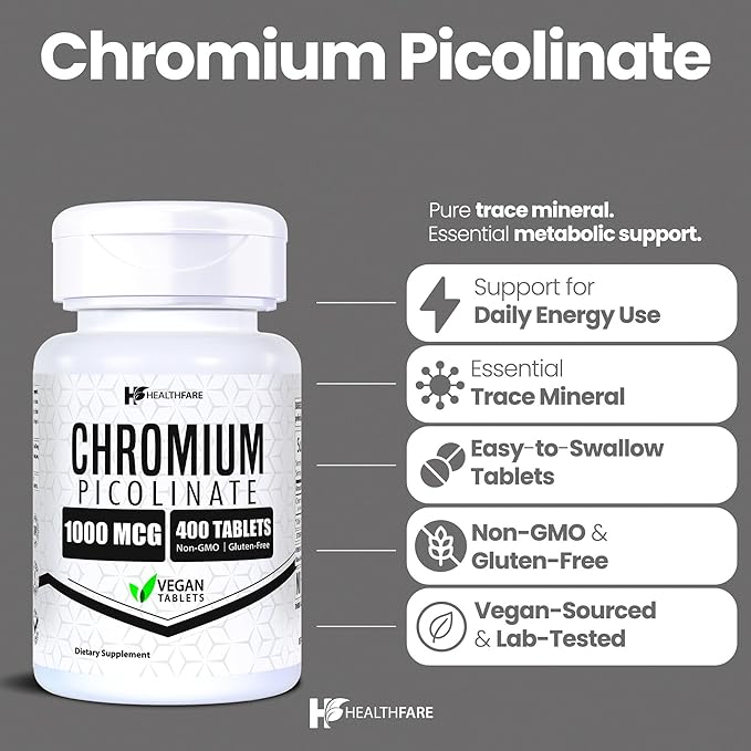 HealthFare Chromium Picolinate 1000mcg | 800 Tablets (Pack of 2) | High Absorption Mineral Supplement | Supports Healthy Sugar Metabolism & Nutrient Absorption | Non-GMO, Gluten-Free | Made in USA