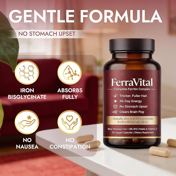 Ferritin Support Iron Supplement for Women – Supports Healthy Iron & Energy Levels – with Ferrous Glycine,Vitamin C, B12, B6, Folate, Zinc & Probiotics – 60 Capsules(1pc)