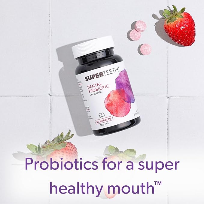 SuperTeeth Oral Probiotics for Mouth Bad Breath & Cavities, Oral Defense Dental Probiotic to Support Healthy Teeth & Gums, Lactobacillus Reuteri Chewable for Kids & Adults, 60 Strawberry Tablets