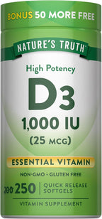 Nature's Truth D3 1000 IU | 250 Softgels | Essential Vitamin D | Non-GMO & Gluten Free Supplement
