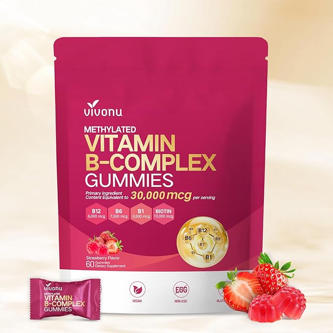 Vitamin B Complex Gummies, 6000 mcg Methylated Vitamin B12, with B6 B1, B2, B3, B5, B7, Methylfolate, Vitamins A C D E, Vegan, Non GMO, Methylated B Complex Vitamin - 60 Gummies
