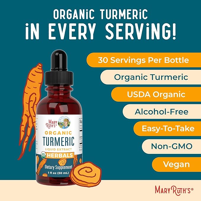 MARYRUTH'S Organics Organic Turmeric Liquid Extract | Sugar Free | USDA Organic | Organic Turmeric Supplement | Non-GMO | Gluten Free | Vegan | Alcohol-Free Tincture | 1 Fl Oz