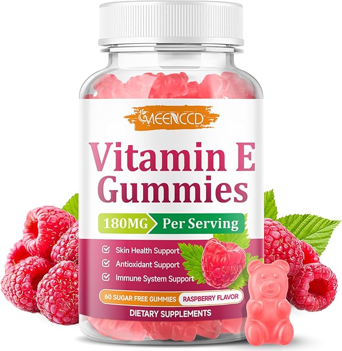 MEENCCD Vitamin E Gummies, 180 mg (400 IU) dl-Alpha, Daily Skin Support, Sugar-Free, Vegan, Non-GMO, Raspberry Flavor, 60 Count