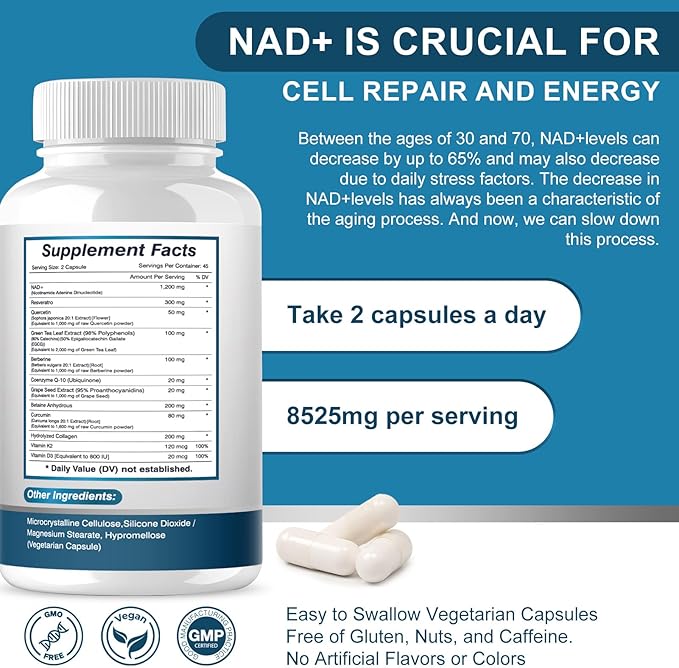 NAD+ Supplement, 8525 mg Liposomal NAD Resveratrol Supplement for Women and Men with Coptisine Quercetin Curcumin Supports Cellular Health, Energy & Healthy Anti-Aging 180 Counts